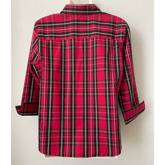 Foxcroft Women's Wrinkle Free Tartan Red Plaid 3/4 Sleeve Blouse Size 10P - Picture 2 of 5